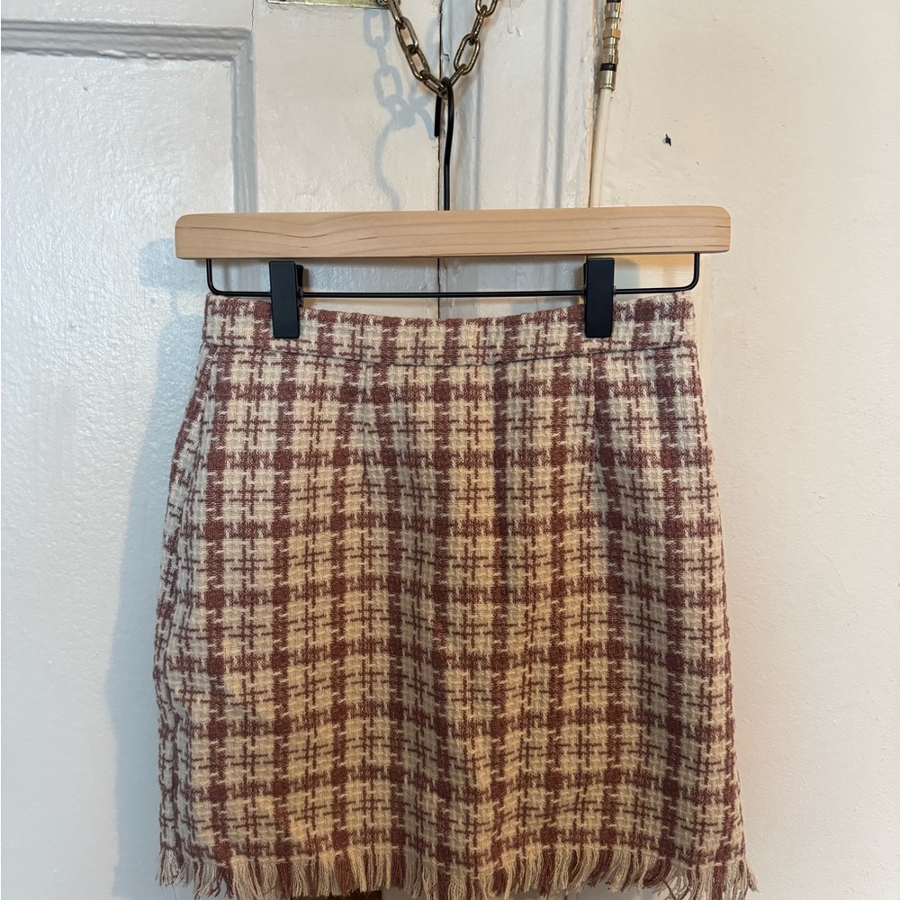 Plaid Fringe Skirt - Pink and Cream